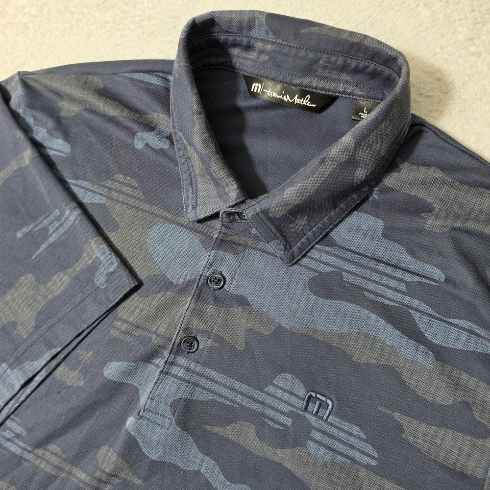 TravisMathew Polo Mens L Blue Camo Palm Tree Island Short Sleeve Golf Shirt